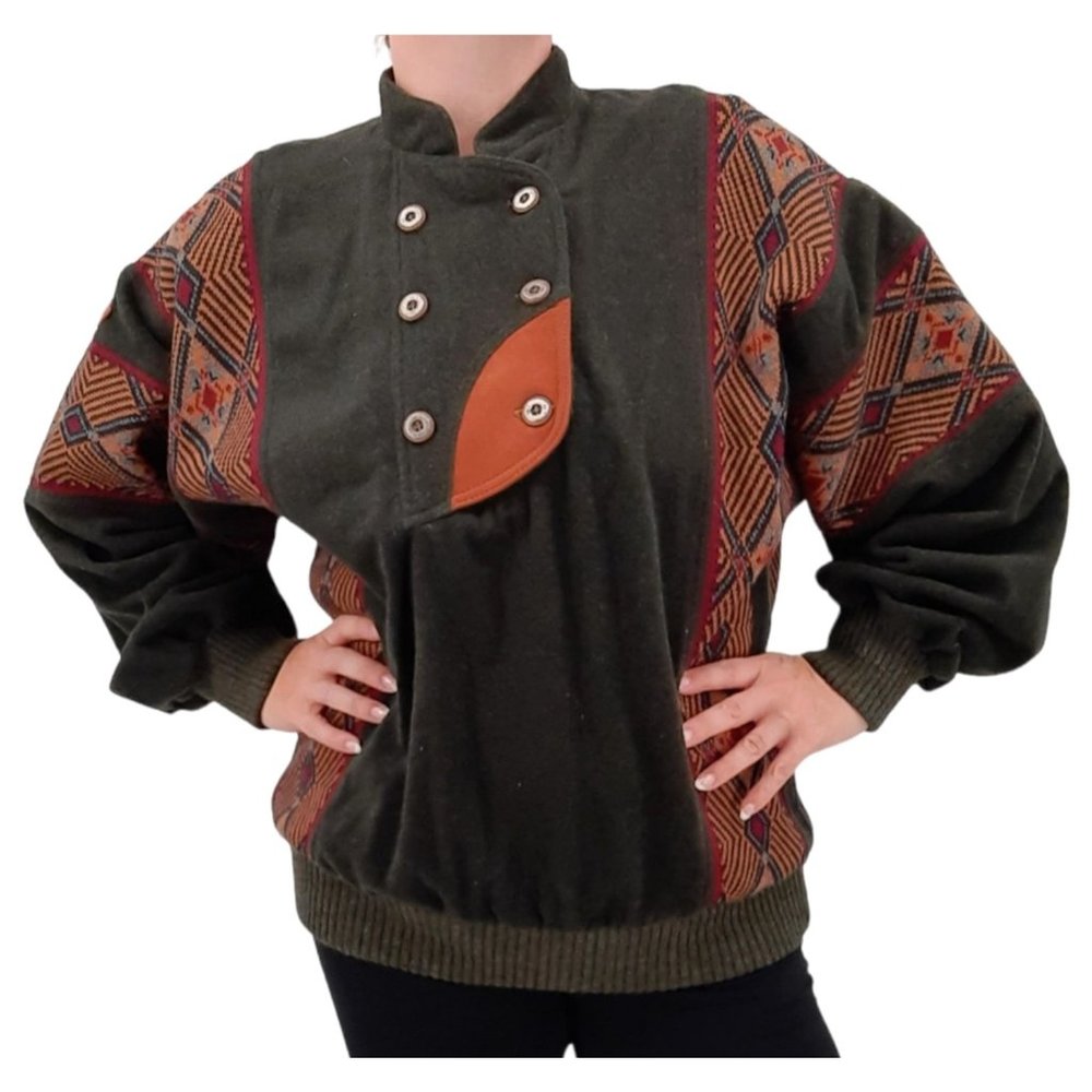VTG 80s Sondre Poland Swix Sport Green Wool Blend Winter Skiing Sweater Buttons - Picture 1 of 12
